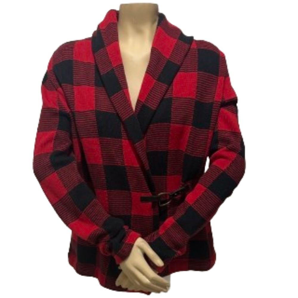 Chaps red black Buffalo Checked Jacket knit wrap cozy 100% cotton women's Large